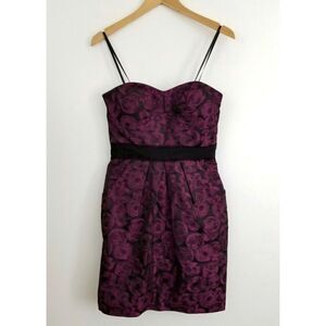 Maxi and Cleo plum swirl sweetheart taffeta dress.